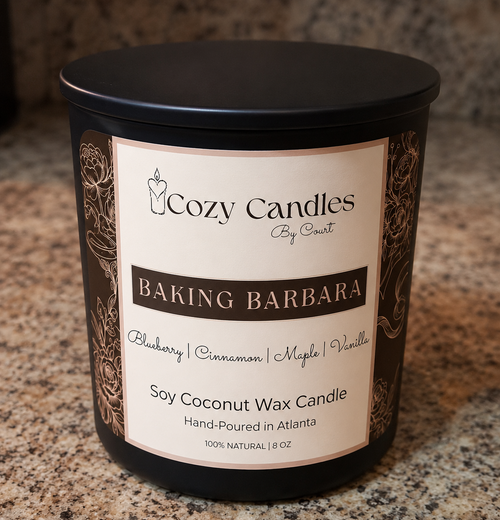 Cozy Candles by Court 'Baking Barbara' candle on a granite surface