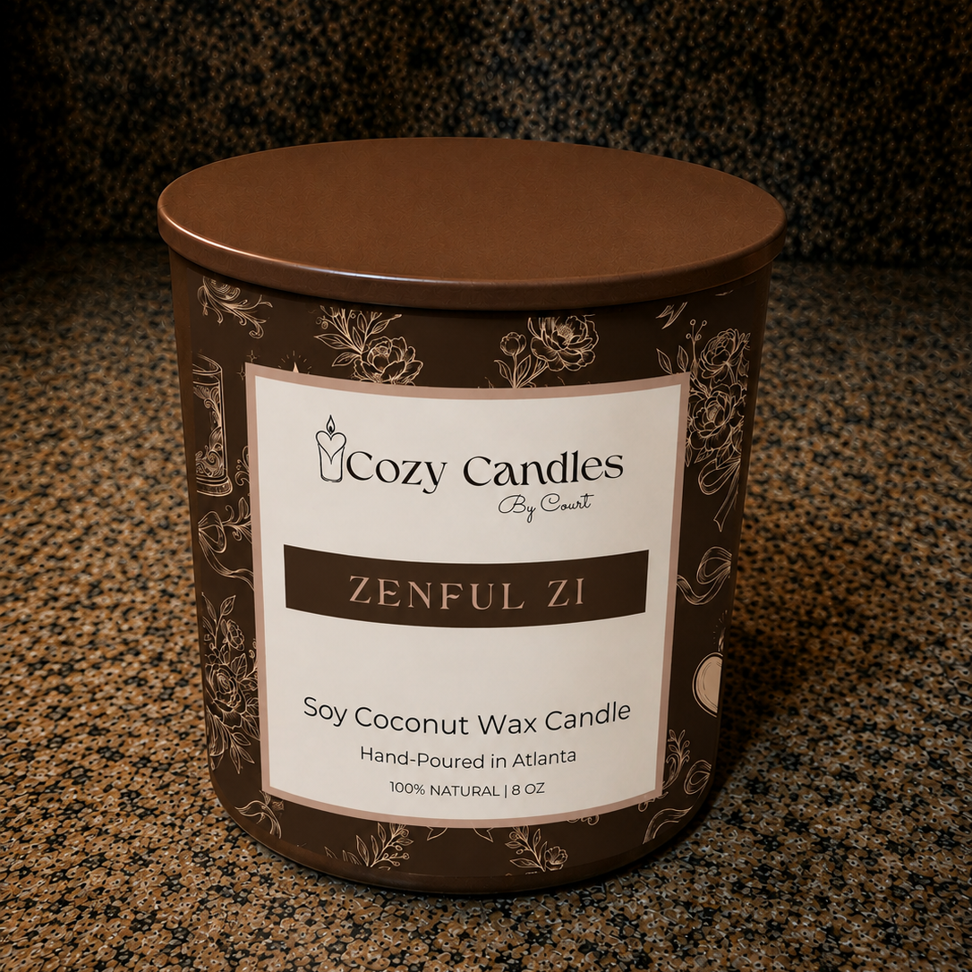 A soy coconut wax candle in a brown tin container with a matching brown lid, placed on a speckled granite countertop. The label reads 'Cozy Candles by Cozy' and 'ZENFUL ZI'.